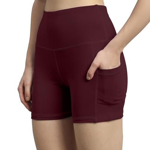 Mehrang High Waist Workout Shorts for Women, Midnight Sky, Bike Shorts with Elastic Waistband and Pockets, (M, Wine) - Image 1