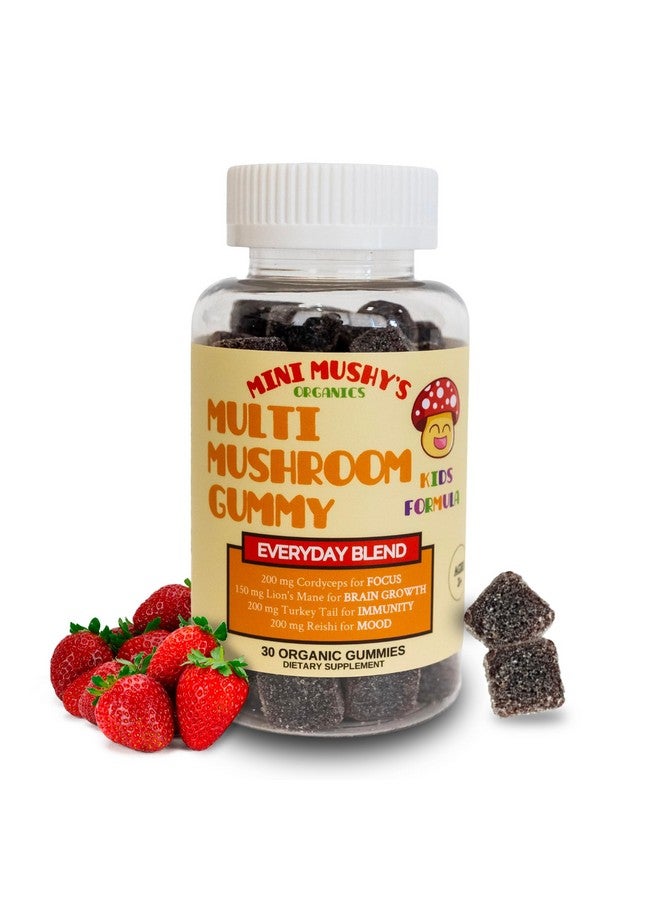 Mini Mushy's Organic Everyday Support Gummies | Turkey Tail, Reishi, Lions Mane, Cordyceps Mushrooms | for Kids Aged 2+ Natural Color, Allergy Friendly, Low Sugar | Strawberry Flavor - 30 Count - Image 1