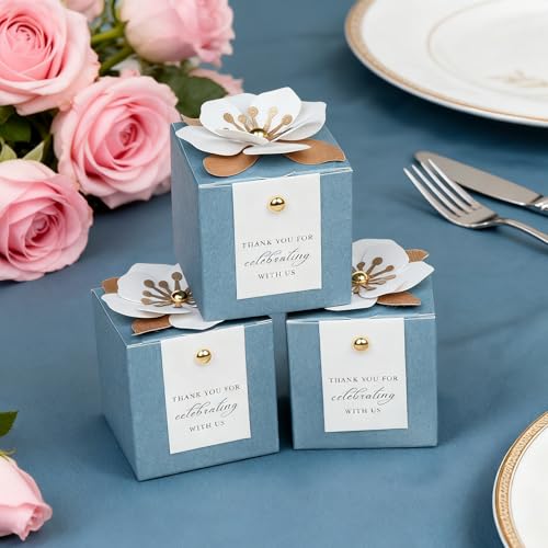 FEIYI 20 PCS Candy Boxes, 3 In 1 Dusty Blue Favor Boxes with Floral Decor, White Thank You Tags Gift wrapping for Wedding Birthday Baby Shower Decorations Party -2.55x2.55x2.55'' - Image 4