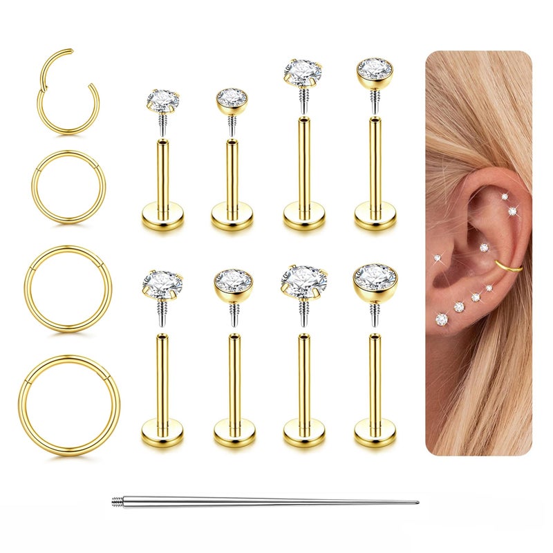 ORAZIO Flat Back Earrings for Women Men - Hypoallergenic Surgical Steel Cartilage Studs Hoops Earrings - Internal Thread CZ Nose Rings For Helix Conch Tragus Lip 18G Gold Tone Piercings Jewelry - Image 1