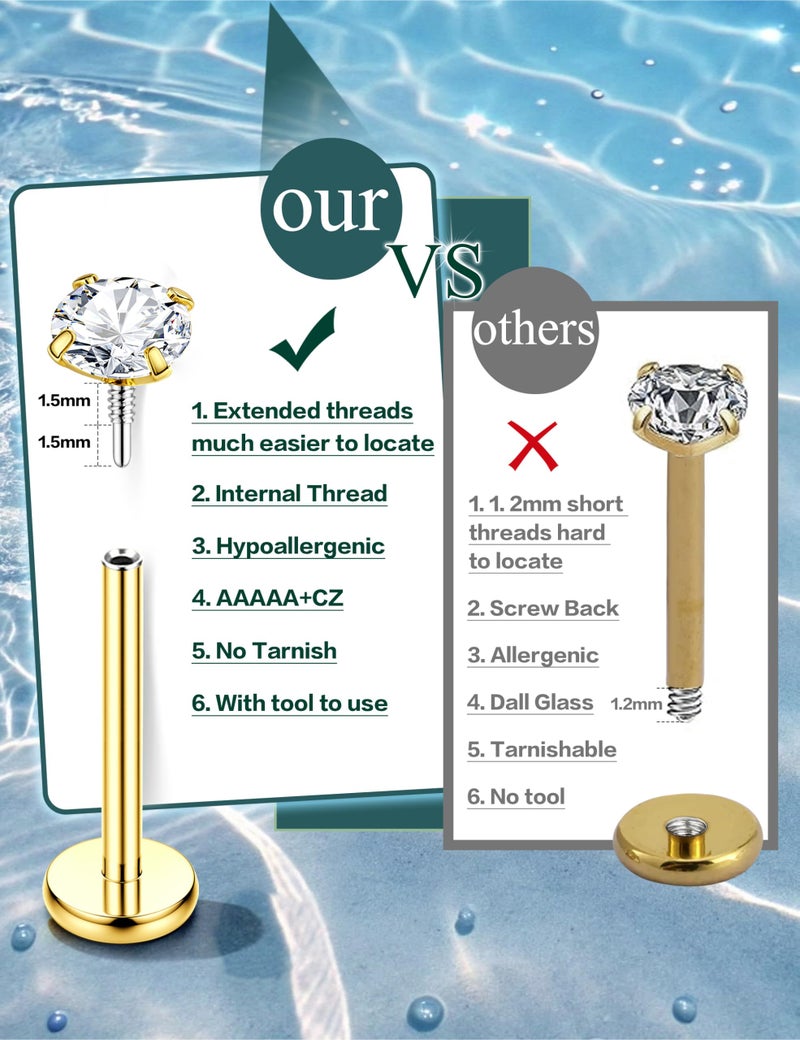 ORAZIO Flat Back Earrings for Women Men - Hypoallergenic Surgical Steel Cartilage Studs Hoops Earrings - Internal Thread CZ Nose Rings For Helix Conch Tragus Lip 18G Gold Tone Piercings Jewelry - Image 2