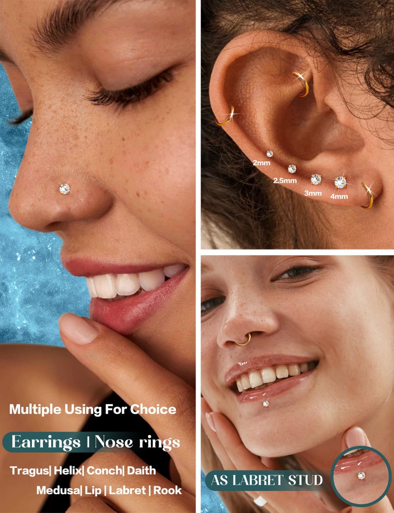 ORAZIO Flat Back Earrings for Women Men - Hypoallergenic Surgical Steel Cartilage Studs Hoops Earrings - Internal Thread CZ Nose Rings For Helix Conch Tragus Lip 18G Gold Tone Piercings Jewelry - Image 3