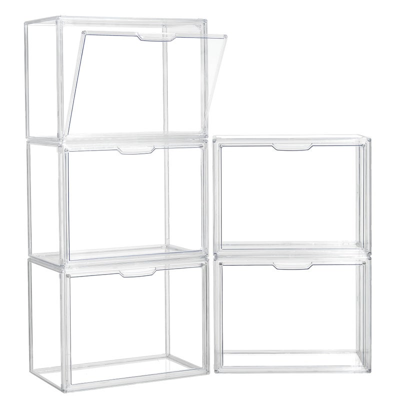 ZLLZUU Clear Storage Bins with Lids 5 Pack Acrylic Display Case with Magnetic Door for Cosmetic Collectibles Large Figures Models Stackable Acrylic Storage Box for Home Office Living Room Dorm