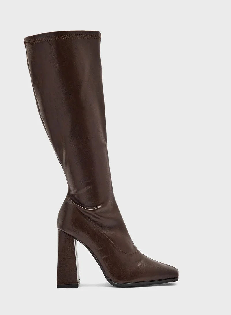ايلا Square Pointed Toe Block Heel Knee High Boot