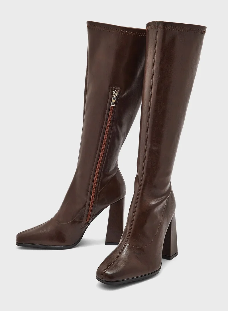 ايلا Square Pointed Toe Block Heel Knee High Boot