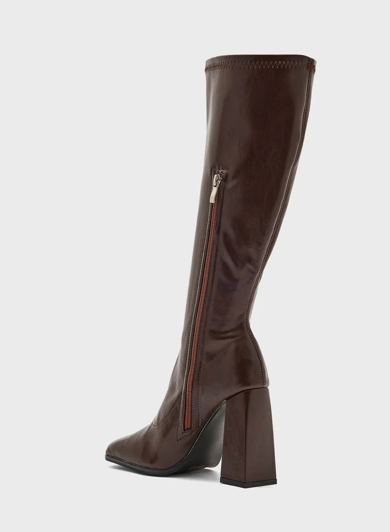 ايلا Square Pointed Toe Block Heel Knee High Boot