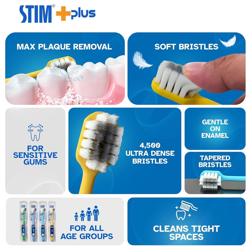 STIM فرشاة أسنان بلس | أكثر من 4,500 شعيرات فائقة النعومة | أطراف مدببة للأسنان الحساسة | لطيفة على اللثة والمينا | للبالغين | ألوان مختلطة | فرشاة أسنان + فرشاة بين الأسنان (عبوة من 2) - Image 2