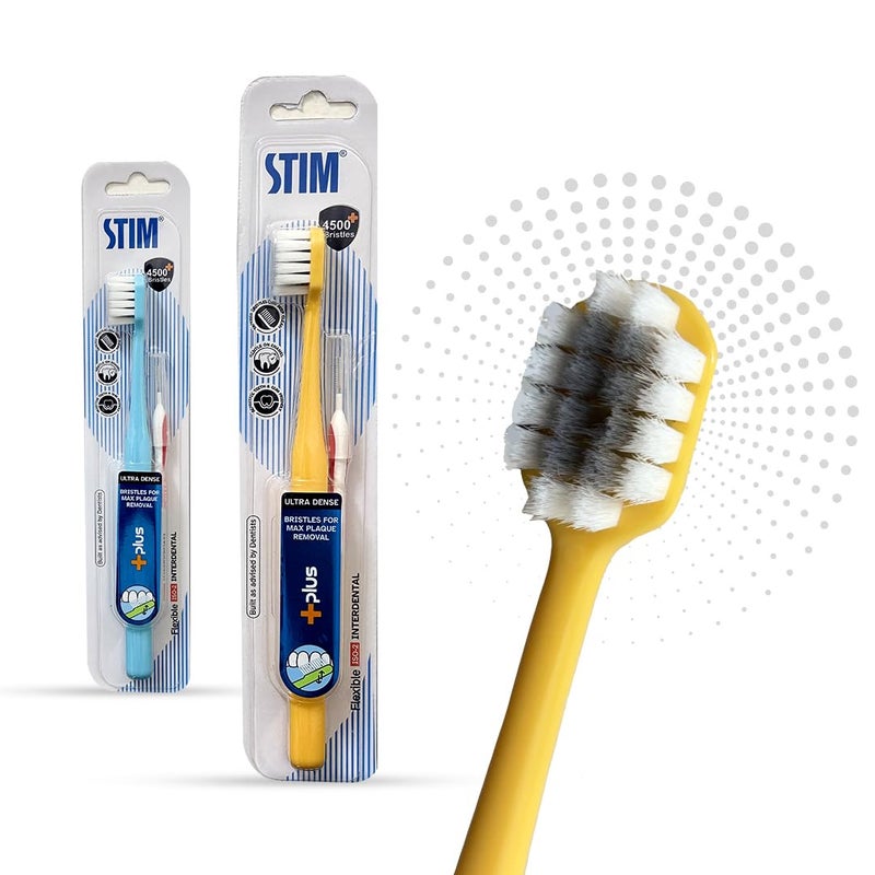 STIM فرشاة أسنان بلس | أكثر من 4,500 شعيرات فائقة النعومة | أطراف مدببة للأسنان الحساسة | لطيفة على اللثة والمينا | للبالغين | ألوان مختلطة | فرشاة أسنان + فرشاة بين الأسنان (عبوة من 2) - Image 1