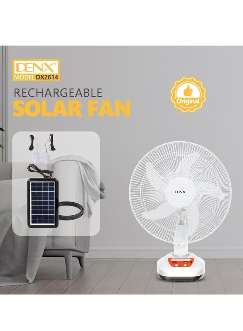 Denx DX2614 Rechargeable Solar Fan with 9V Solar Panel – Portable 3-Blade Cooling Fan with Dual Speed, 8 Hours Working Time & 2 LED Lights for Home, Camping & Emergency Use - Image 3