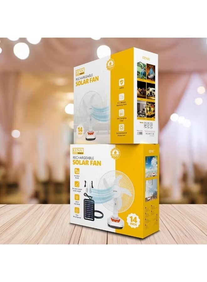 Denx DX2614 Rechargeable Solar Fan with 9V Solar Panel – Portable 3-Blade Cooling Fan with Dual Speed, 8 Hours Working Time & 2 LED Lights for Home, Camping & Emergency Use - Image 5