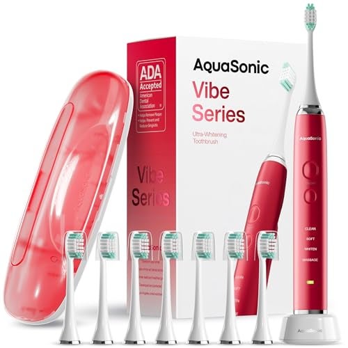 Aquasonic Vibe Series Ultra-Whitening Toothbrush – ADA Accepted Electric Toothbrush - 8 Brush Heads & Travel Case – 40,000 VPM Motor & Wireless Charging - 4 Modes w Smart Timer – Ruby - Image 1