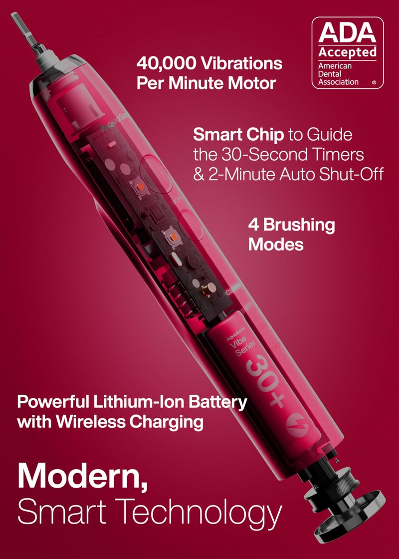 Aquasonic Vibe Series Ultra-Whitening Toothbrush – ADA Accepted Electric Toothbrush - 8 Brush Heads & Travel Case – 40,000 VPM Motor & Wireless Charging - 4 Modes w Smart Timer – Ruby - Image 2