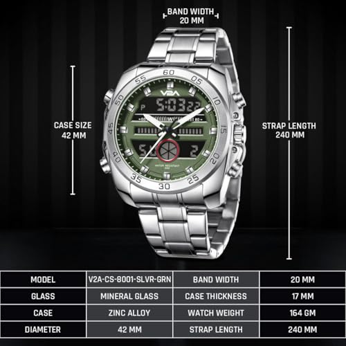 V2A Torque Series Analog-Digital Metal Watch for Men Silver Stainless Steel Band Green Dial| Chronograph| Dual Display | Waterproof|Stylish| CS-8001 - Image 2