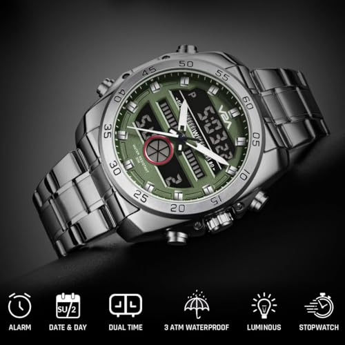 V2A Torque Series Analog-Digital Metal Watch for Men Silver Stainless Steel Band Green Dial| Chronograph| Dual Display | Waterproof|Stylish| CS-8001 - Image 4