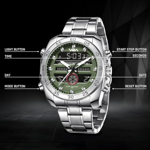 V2A Torque Series Analog-Digital Metal Watch for Men Silver Stainless Steel Band Green Dial| Chronograph| Dual Display | Waterproof|Stylish| CS-8001 - Image 3