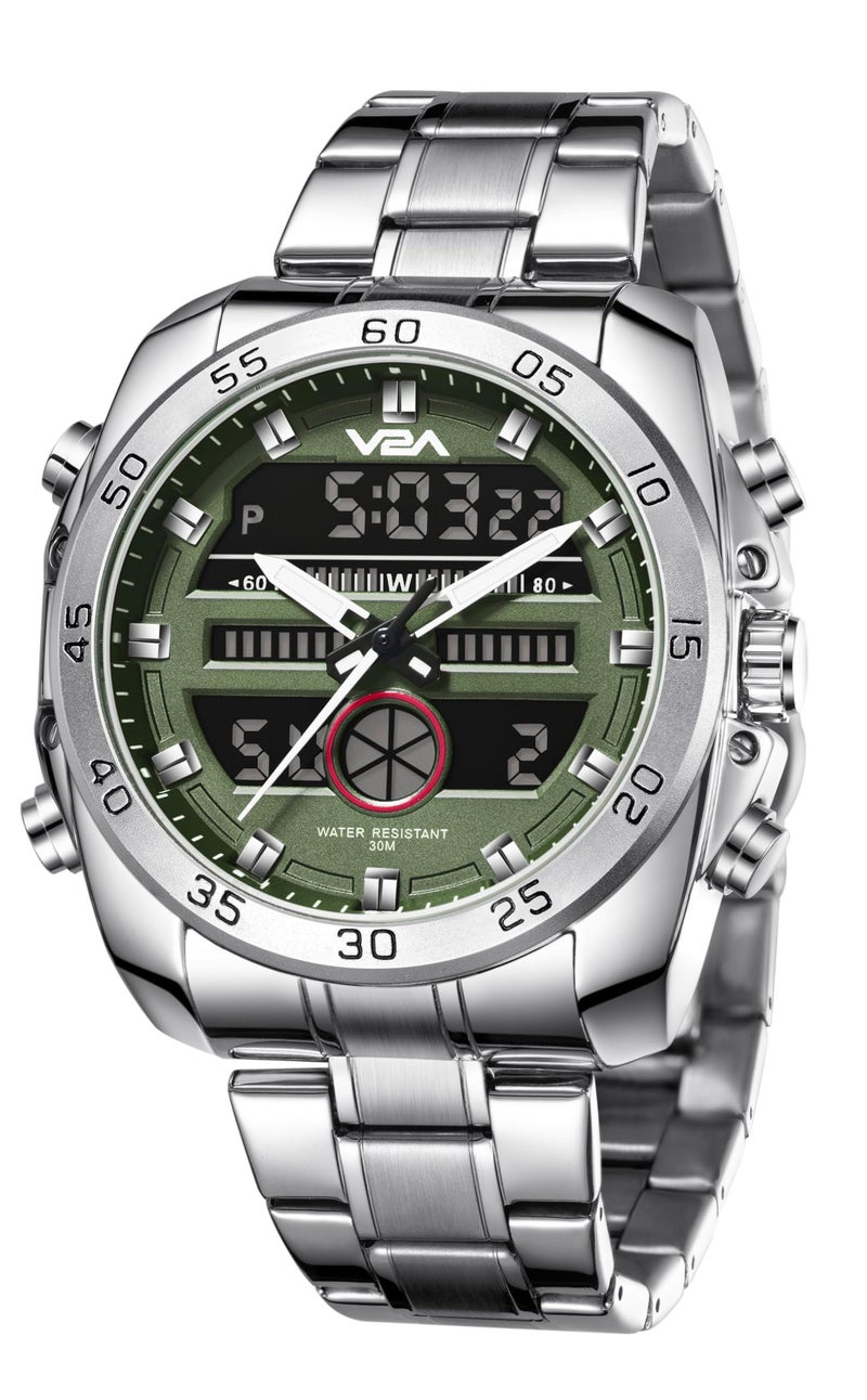 V2A Torque Series Analog-Digital Metal Watch for Men Silver Stainless Steel Band Green Dial| Chronograph| Dual Display | Waterproof|Stylish| CS-8001 - Image 1