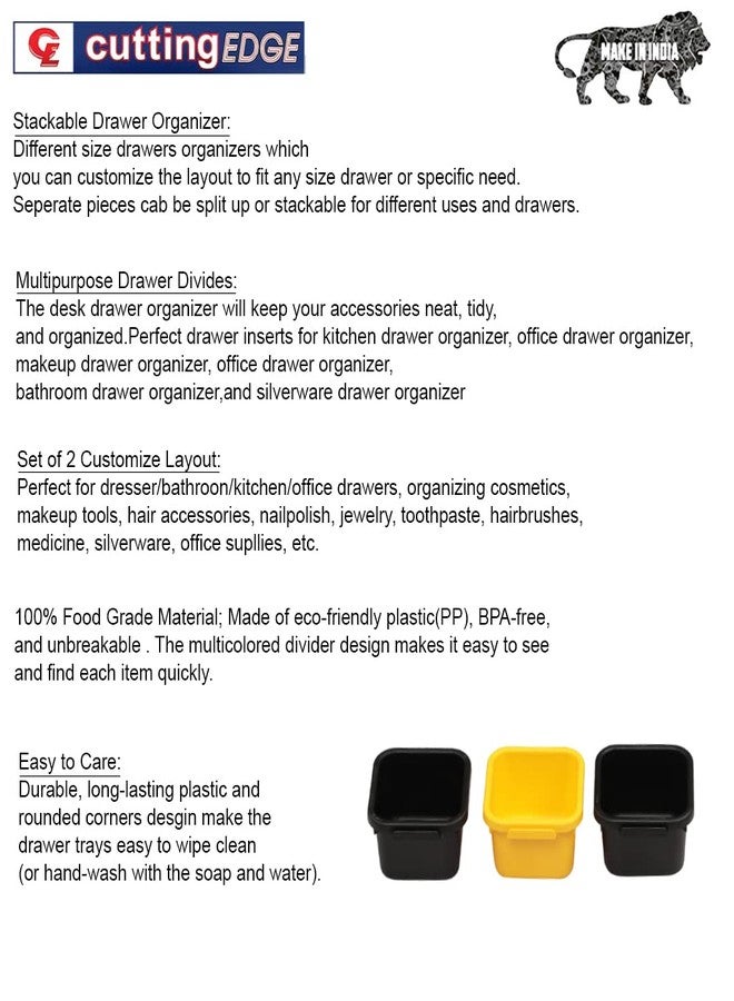 Cutting EDGE Plastic Set of 3 Interlocking Drawer Organizer for Cutlery & Desk Storage Set, Divider or Separator Tray for Household, Kitchen & Office (Black & Yellow) - Image 3