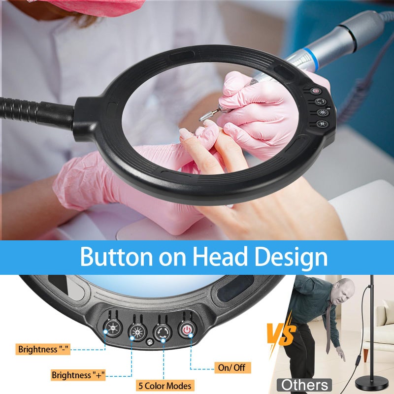 GABORISH 12X Large Magnifying Glass with Light and Floor Stand, Flexible Gooseneck Floor Lamp, 5.2" Lighted Magnifier Hands Free with 5 Color Mode 10 Adjustable Brightness, Clamp for Close Work,Sewing, Repair - Image 3