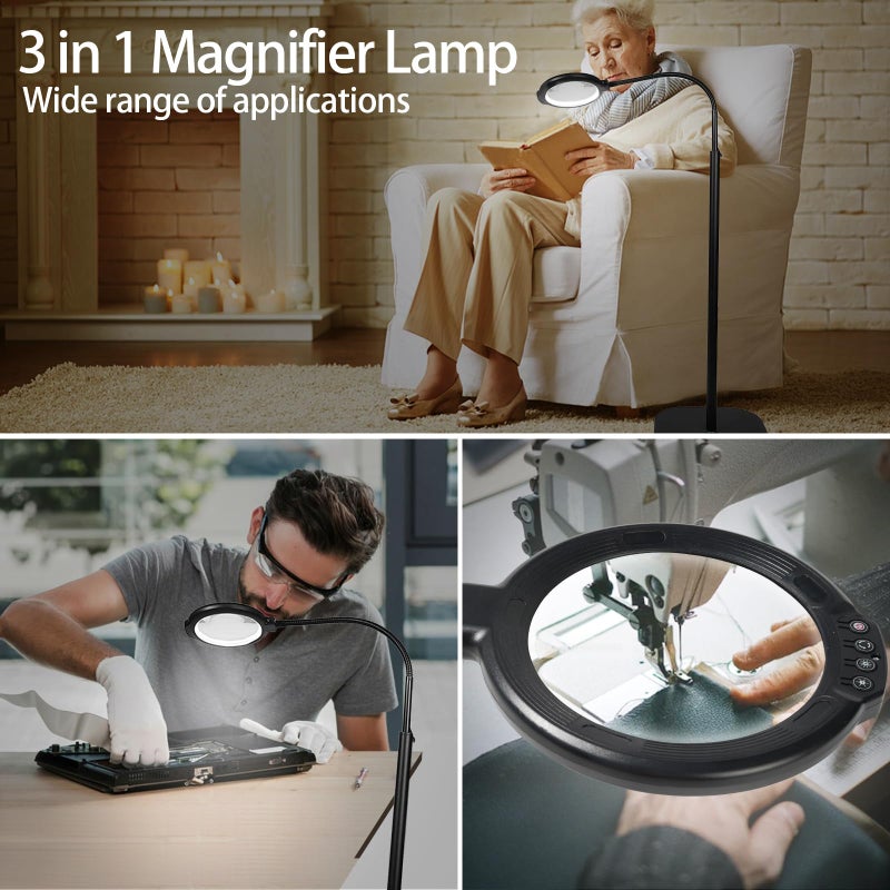 GABORISH 12X Large Magnifying Glass with Light and Floor Stand, Flexible Gooseneck Floor Lamp, 5.2" Lighted Magnifier Hands Free with 5 Color Mode 10 Adjustable Brightness, Clamp for Close Work,Sewing, Repair - Image 5