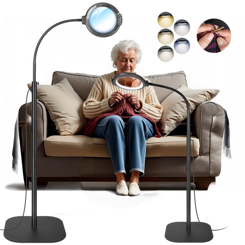 GABORISH 12X Large Magnifying Glass with Light and Floor Stand, Flexible Gooseneck Floor Lamp, 5.2" Lighted Magnifier Hands Free with 5 Color Mode 10 Adjustable Brightness, Clamp for Close Work,Sewing, Repair - Image 1