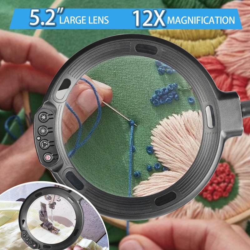 GABORISH 12X Large Magnifying Glass with Light and Floor Stand, Flexible Gooseneck Floor Lamp, 5.2" Lighted Magnifier Hands Free with 5 Color Mode 10 Adjustable Brightness, Clamp for Close Work,Sewing, Repair - Image 2