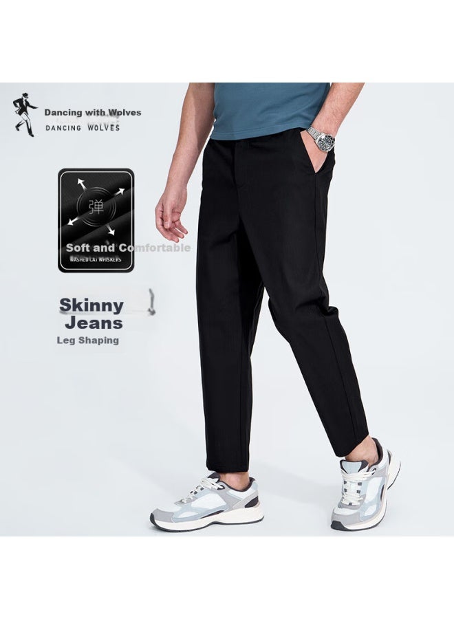 Dancing Wolves Slim Fit Tapered Pants, Fashionable And Versatile Men's Cropped Pants For Work And Leisure, Color: Black, Size: 2XL - Image 1