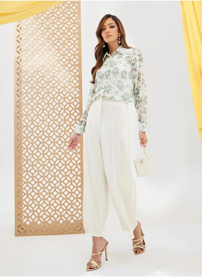 Styli Floral Print Oversized Spread Collar Shirt