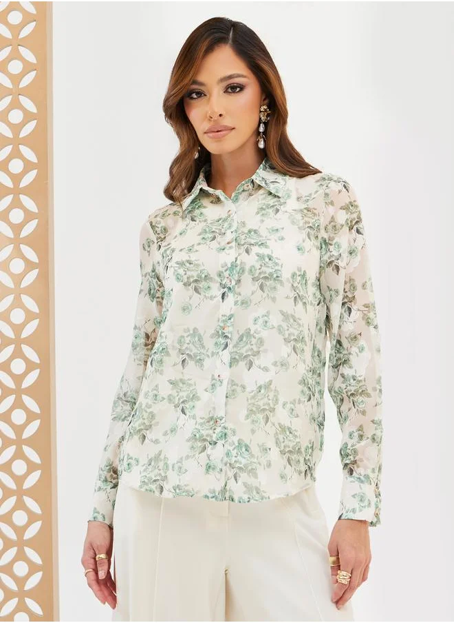 Styli Floral Print Oversized Spread Collar Shirt