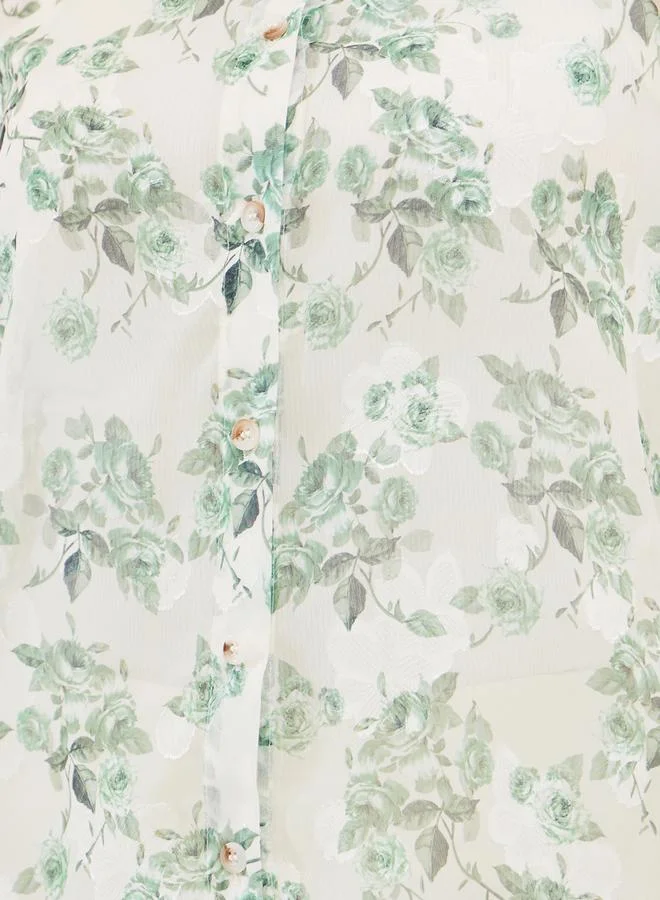 Styli Floral Print Oversized Spread Collar Shirt