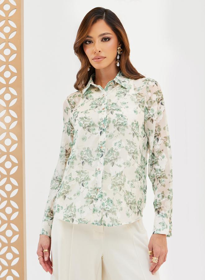 Styli Floral Print Oversized Spread Collar Shirt  - Image 2
