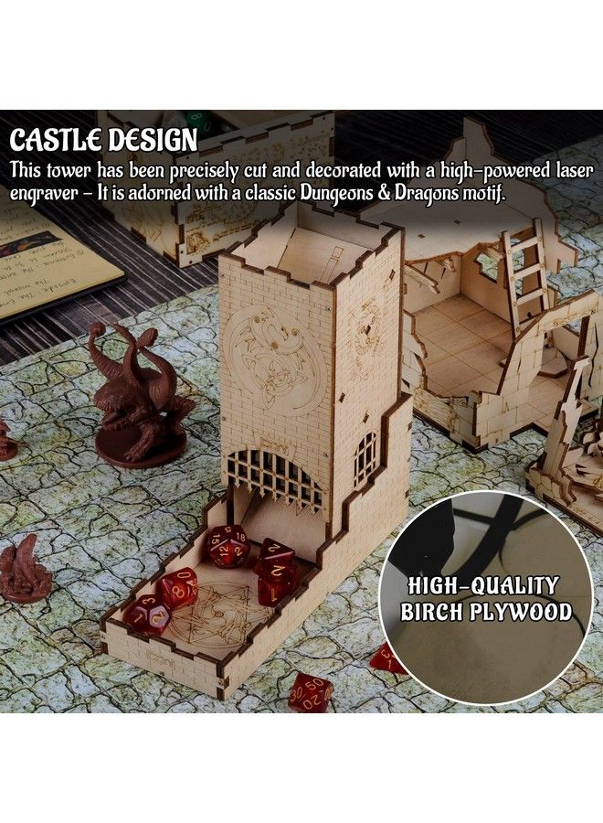 CZYY برج نرد قلعة مع صينية خشبية مقطوعة بالليزر بنقش تنين سهل الاستخدام مثالي لألعاب الطاولة D&D و RPG - Image 3