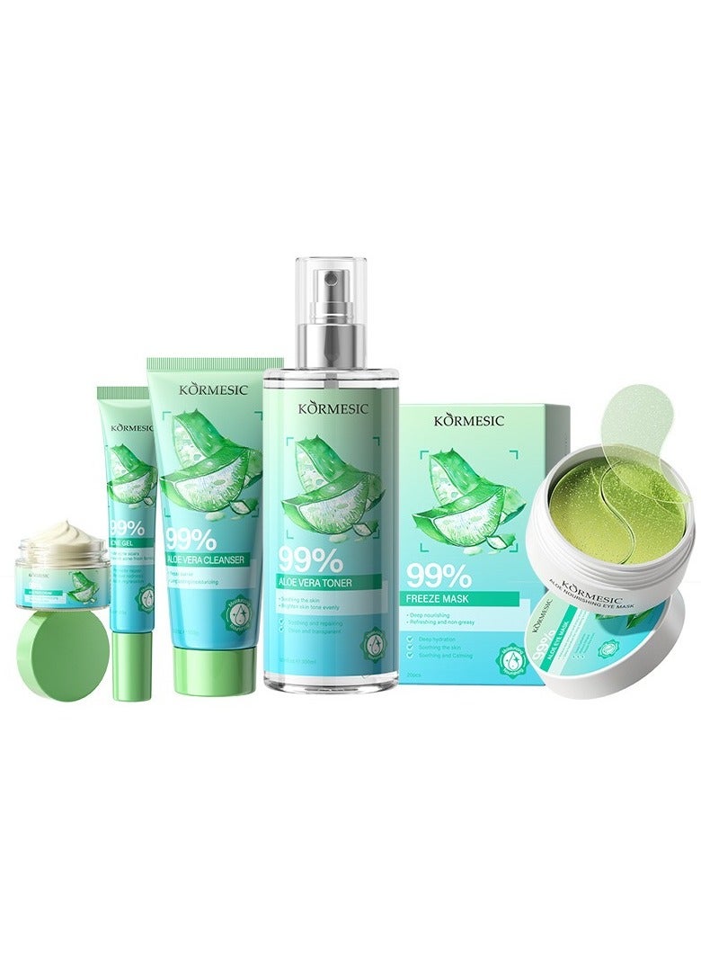 Kormesic الصبار العناية بالبشرة مجموعة من 5 قطع من غسول تليين 300 مل ، كريم الوجه الموضح 30 جرام ، منظف مرطب 100 جرام ، جل حب الشباب 20 جرام ، قناع العين المغذي 80 جرام - Image 1