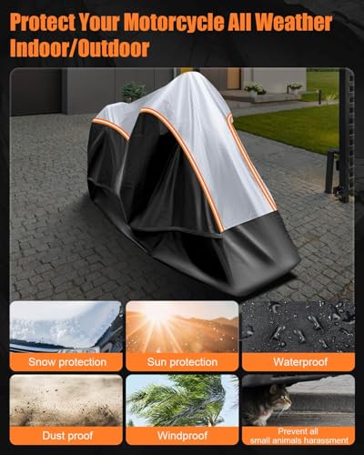FJWDSC Full Enclosed Motorcycle Cover Waterproof Outdoor/Indoor Storage Waterproof Motorcycle Cover Heavy Duty with Reflective Strips Fits Scooter/Touring Motorcycles Length up to 108"（Black+Sliver） - Image 3