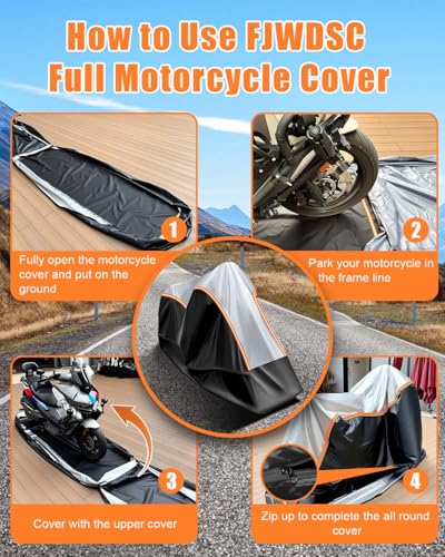 FJWDSC Full Enclosed Motorcycle Cover Waterproof Outdoor/Indoor Storage Waterproof Motorcycle Cover Heavy Duty with Reflective Strips Fits Scooter/Touring Motorcycles Length up to 108"（Black+Sliver） - Image 4