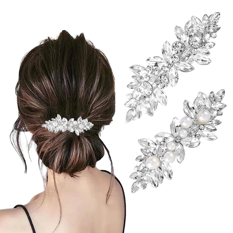 M'AYCREATE MAYCREATE® 2Pcs Rhinestone Hair Clips for Women Stylish Latest Crystal Pearl Hair Barrettes, Silver French Hairpin Flower Hair Clip Bridal Hair Accessories for Daily, Party, Wedding - Image 1