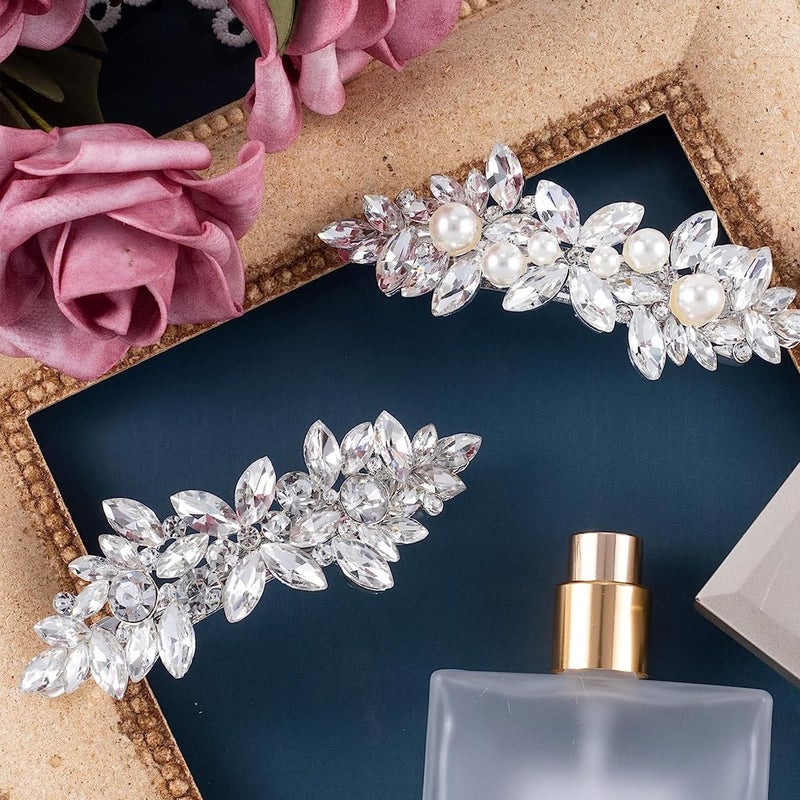 M'AYCREATE MAYCREATE® 2Pcs Rhinestone Hair Clips for Women Stylish Latest Crystal Pearl Hair Barrettes, Silver French Hairpin Flower Hair Clip Bridal Hair Accessories for Daily, Party, Wedding - Image 4