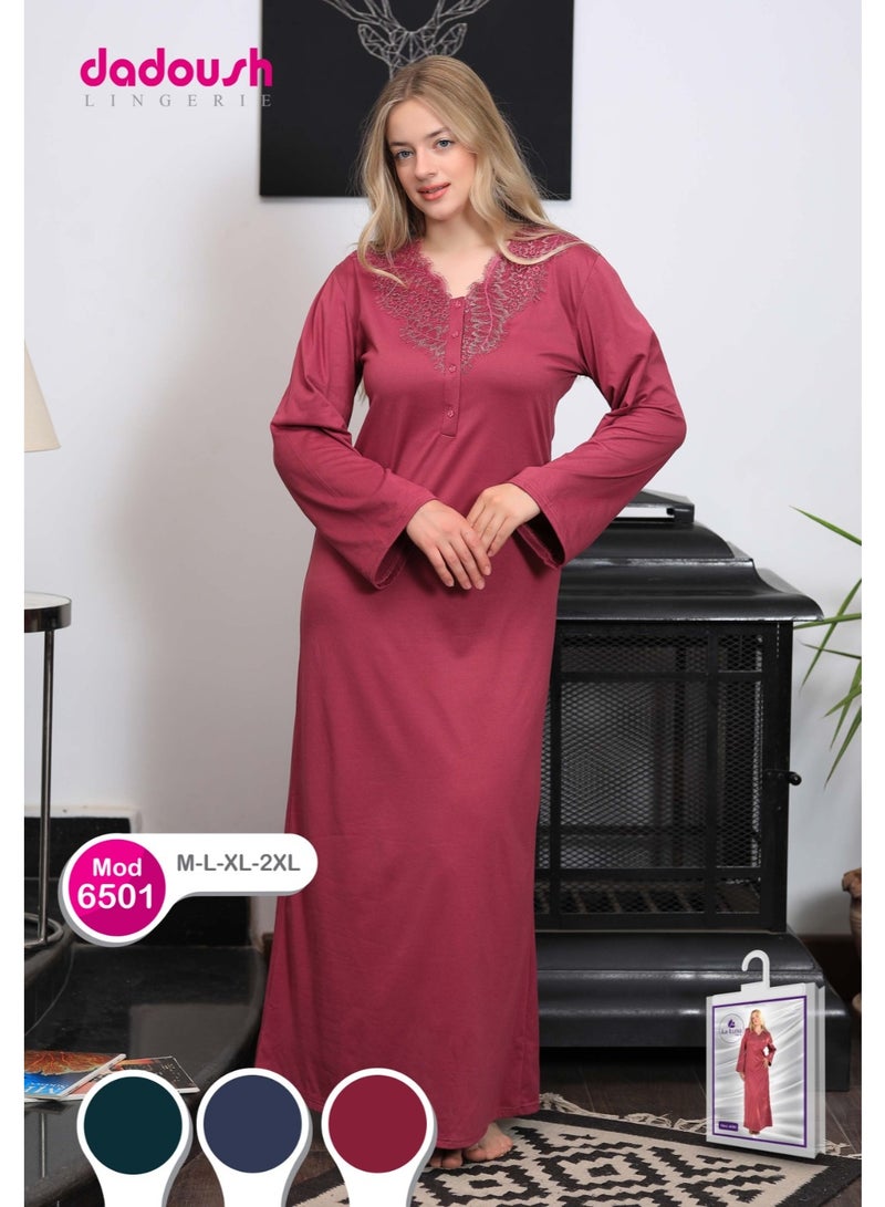 Dadoush Women's Embroidered Cotton Maxi Abaya - Long Modest Sleepwear | Soft Nightgown with Elegant Chest Detail - Image 4