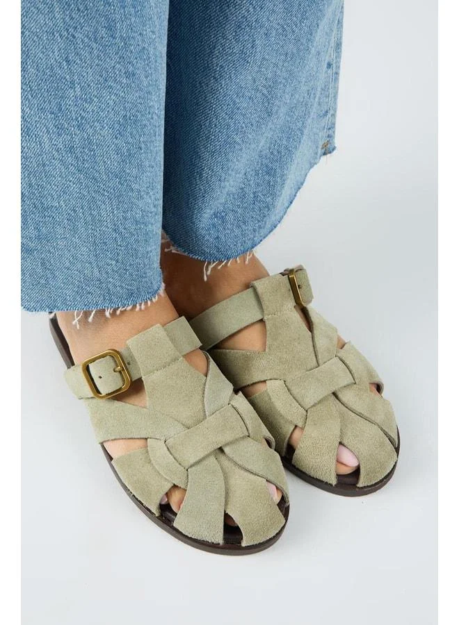 Qurina Women's Real Leather Caged Aqua Green Slippers.