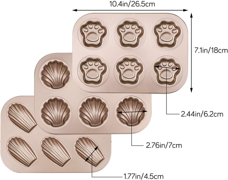 Beasea 3 Pack Madeleine Pans, 10x7 Inch 6 Cavity Nonstick Cat Shaped Cake Cookies Pan Carbon Steel Madeleine Mold Shell Madeline Pan - Image 2