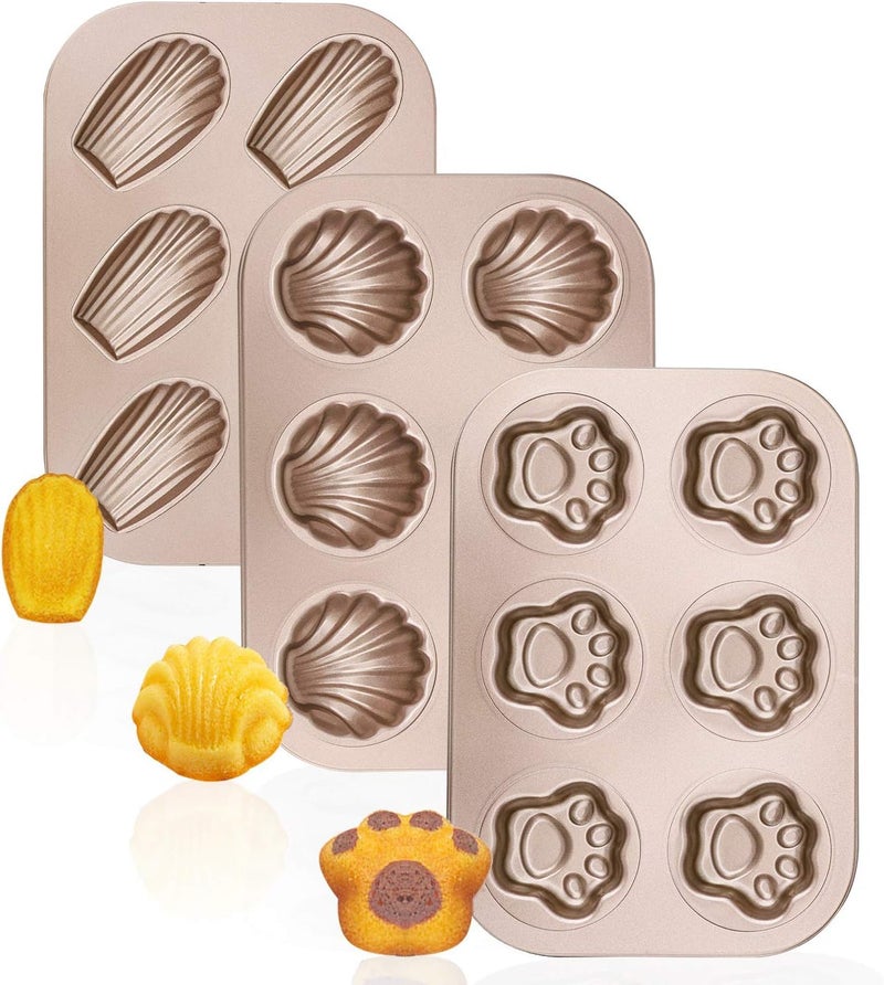 Beasea 3 Pack Madeleine Pans, 10x7 Inch 6 Cavity Nonstick Cat Shaped Cake Cookies Pan Carbon Steel Madeleine Mold Shell Madeline Pan - Image 1