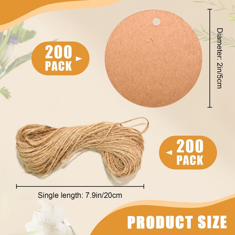 AUUTI 200pcs Kraft Gift Tags - Round Paper Tags for Gifts with Jute Twine, Custom Tag for Wedding Christmas Crafts, (Brown) - Image 2