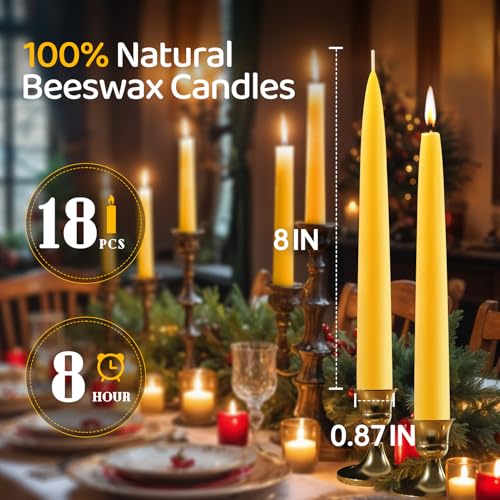 MAKALONE 18 Pack Beeswax Taper Candles, 8 Inch Handcrafted Pure Natural Bees Wax Candle Sticks, 8H Long Burning Dripless & Smokeless Unscented Tapered Candlesticks for Home Decor, Wedding, Dinner, Vigil - Image 2