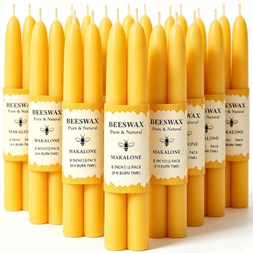 MAKALONE 18 Pack Beeswax Taper Candles, 8 Inch Handcrafted Pure Natural Bees Wax Candle Sticks, 8H Long Burning Dripless & Smokeless Unscented Tapered Candlesticks for Home Decor, Wedding, Dinner, Vigil - Image 1