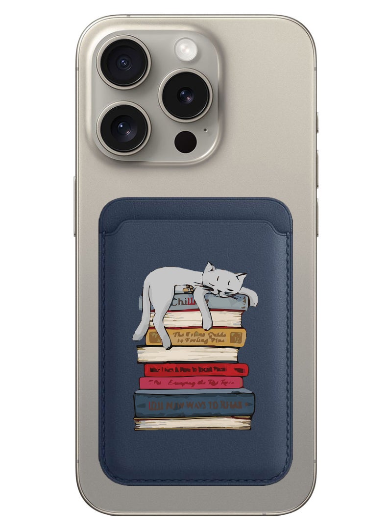Theodor Magnetic Wallet, Compatible with MagSafe Wallet, for iPhone Wallet, for iPhone 16/15/14/13/12 Series, Not for iPhone 13/12 mini, 3 Card Holder, Vegan Leather, Navy - Cat on books - Image 1