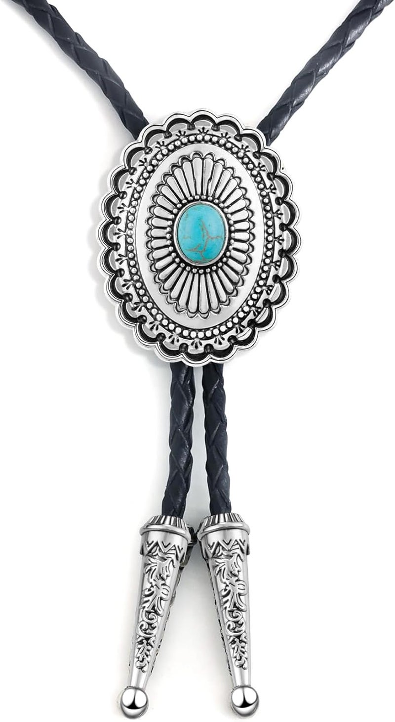 LAXPICOL Vintage Turquoise Stone Bolo Tie For Men Western Cowboy Oval Cool Retro Bola Tie Necktie For Men - Image 1