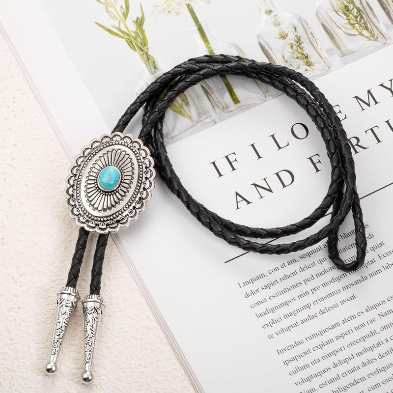 LAXPICOL Vintage Turquoise Stone Bolo Tie For Men Western Cowboy Oval Cool Retro Bola Tie Necktie For Men - Image 4