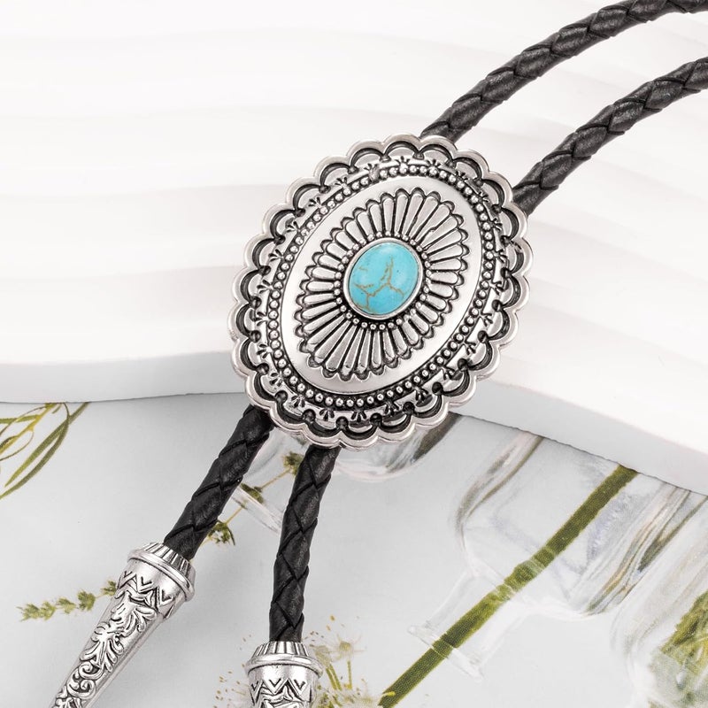 LAXPICOL Vintage Turquoise Stone Bolo Tie For Men Western Cowboy Oval Cool Retro Bola Tie Necktie For Men - Image 3