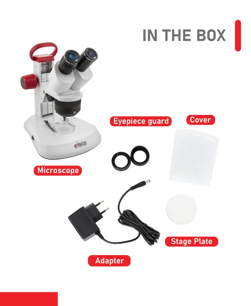 EISCO Premium Redline Stereo Binocular Microscope – Dual Magnification 10X/20X – Incident & Transmitted LED with Adjustable Illumination – Wide Field Eyepieces, Eyeshades, Durable Carry Handle - Image 3