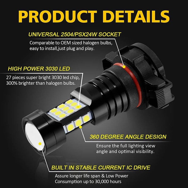AUXLIGHT مصابيح ضباب LED 2504 DRL، 2400 لومن سطوع شديد PSX24W 12276 بديل للسيارات والشاحنات، 6000K أبيض زينون - Image 4