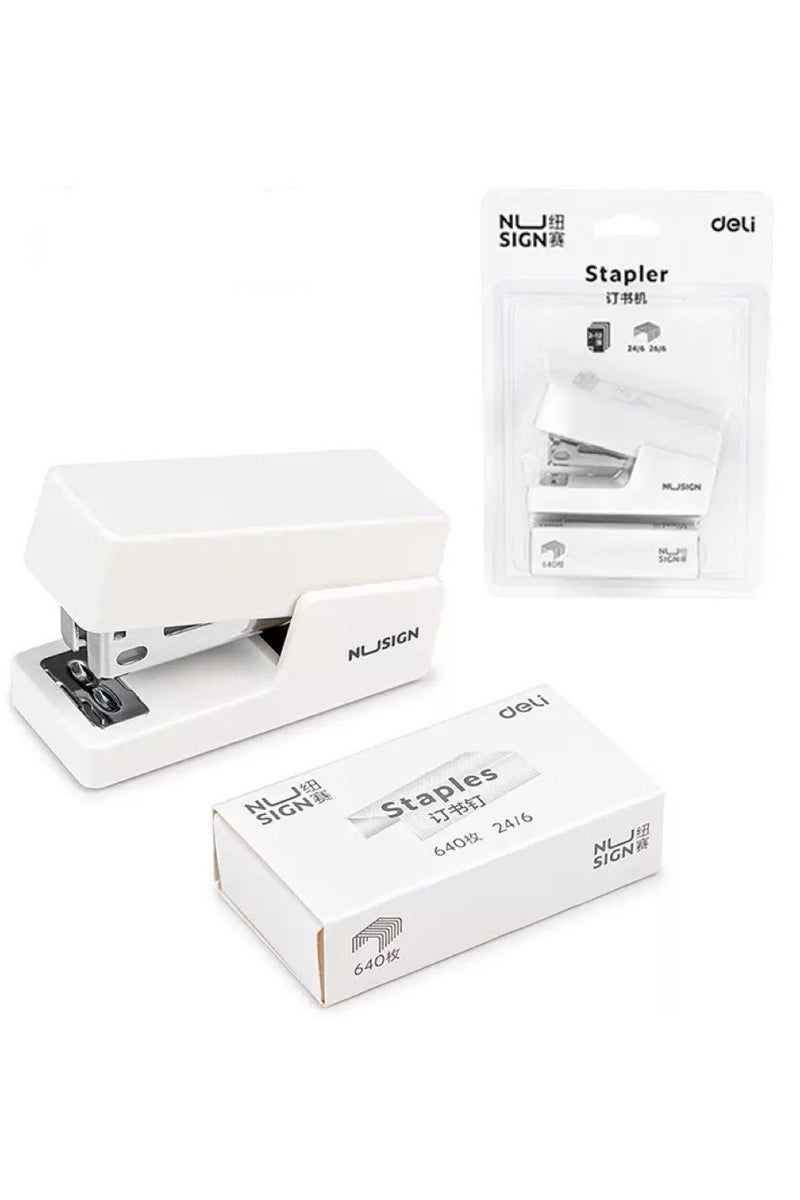 Deli Mini Stapler with 830 Standard Staples, 18 Sheet Capacity Manual Stapler Desktop Stapler Children's Stapler for Student, Office, White - Image 1